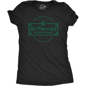 Womens St. Patricks Clover Shop T Shirt Funny Saint Paddy’s Day Parade Graphic Novelty Tee for Ladies(Heather Black)