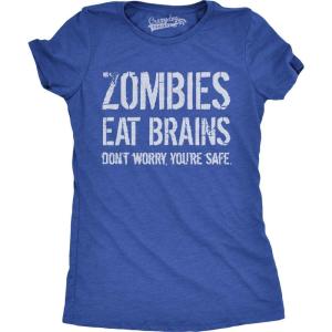 Womens Zombies Eat Brains so You’re Safe Funny T Shirt Halloween Living Dead Tee(Heather Royal)