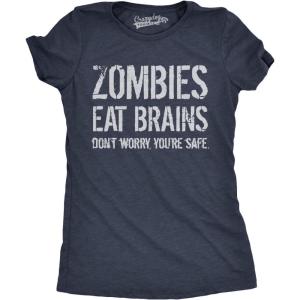 Womens Zombies Eat Brains so You’re Safe Funny T Shirt Halloween Living Dead Tee(Navy)