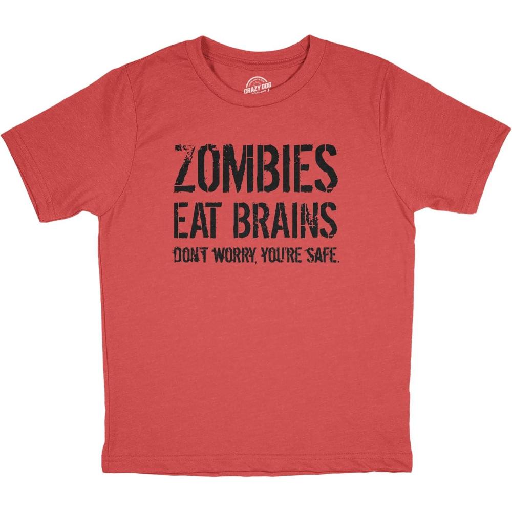 imageYouth Funny T Shirts Zombies Eat Brains Dont Worry Youre Safe Sarcastic Halloween Graphic Novelty Tee for KidsRed Zombies Eat Brains
