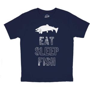 Youth Eat Sleep Fish T Shirt Funny Fishing Tee Cool Graphic Fun Crazy for Kids(Heather Navy)