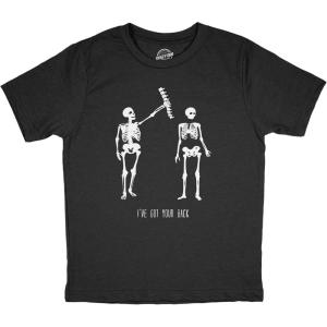Youth Ive Got Your Back T Shirt Funny Halloween Skeleton Spine Joke Tee for Kids(Heather Black – Back)