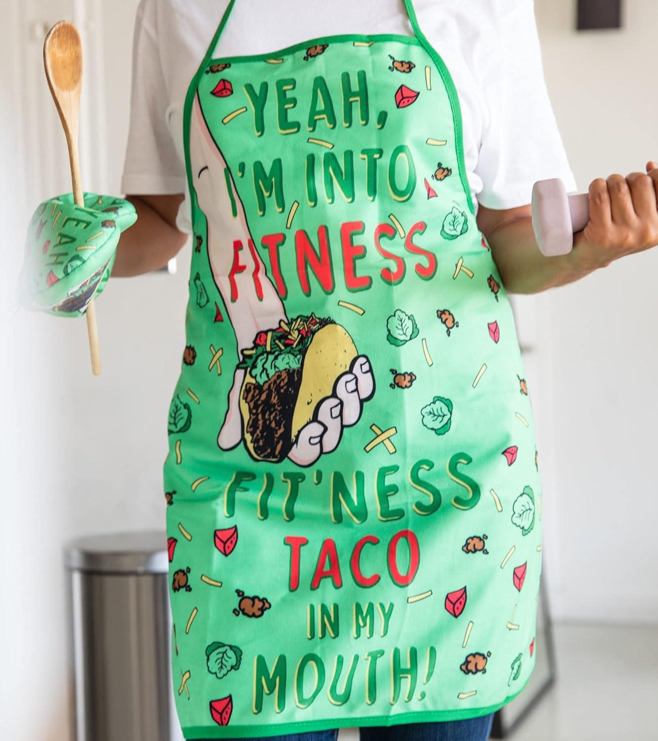 imageFitness Taco Funny Kitchen Apron and Oven Mitts Humorous Gym Graphic Novelty Cooking Accessories Funny Graphic Kitchenwear Cinco De Mayo Cool Food Green Oven MittApron