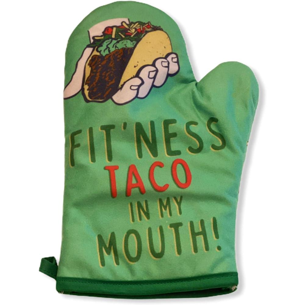 imageFitness Taco Funny Kitchen Apron and Oven Mitts Humorous Gym Graphic Novelty Cooking Accessories Funny Graphic Kitchenwear Cinco De Mayo Cool Food Green Oven MittOven Mitt