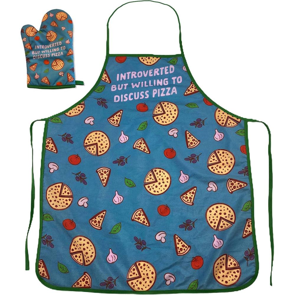 imageFunny Pizza Oven Mitt Introverted But Willing to Discuss Pizza Design Durable Microfiber Cotton Blend for Heat Protection Novelty Food Kitchen Glove for Food LoversOven Mitt Apron