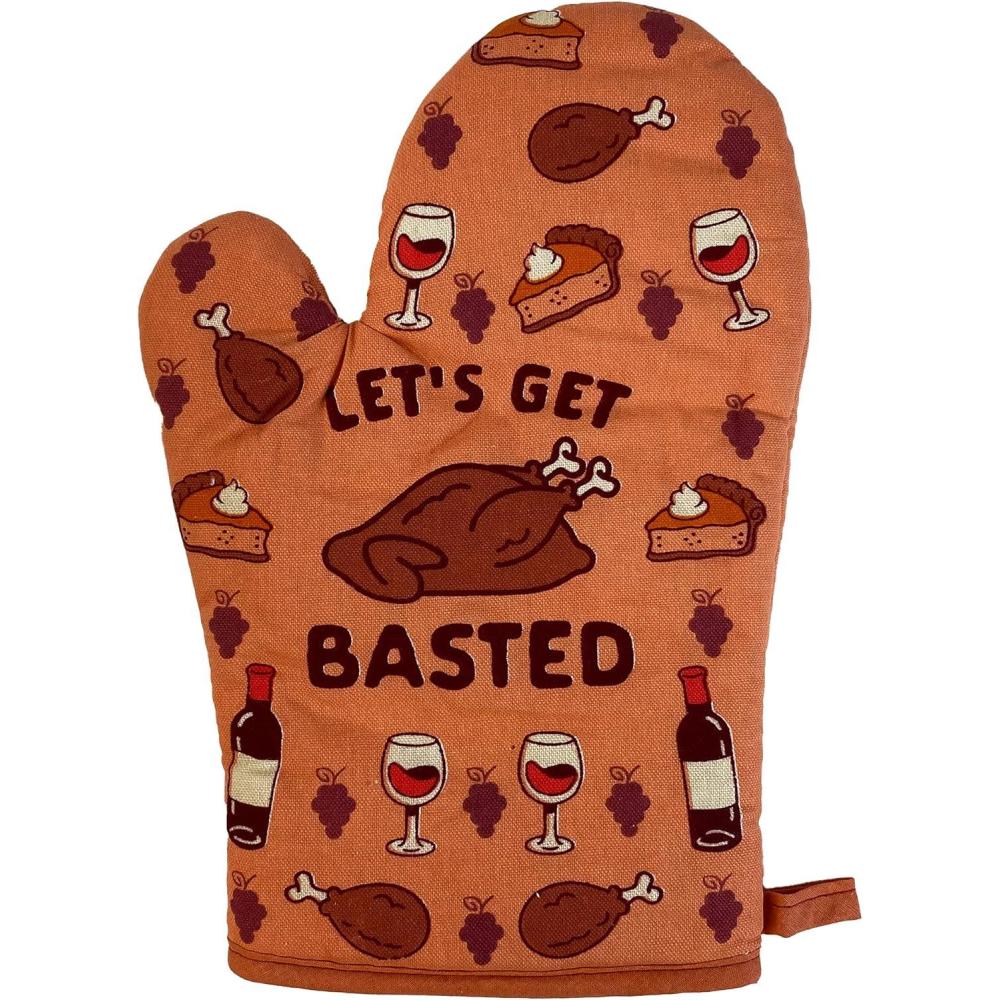 imageFunny Thanksgiving Oven Mitt  Lets Get Basted Turkey and Wine Design  Heat Resistant Microfiber Cooking Glove  Novelty Holiday Kitchen Mitt for Baking and Family DinnersOven Mitt