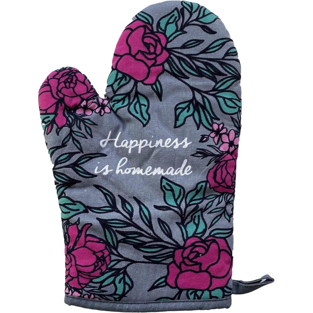 imageHappiness is Homemade Oven Mitt Cute Floral Baking Kitchen Glove Funny Graphic Kitchenwear Cool Motivational Novelty Cookware Grey Oven MittOven Mitt