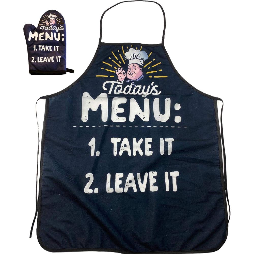 imageTodays Menu Take It Or Leave It Funny Chef Cooking Graphic Kitchen Accessories Funny Graphic Kitchenwear Cool Food Novelty Cookware Black Oven MittOven Mitt Apron