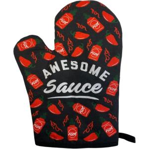 Awesome Sauce Oven Mitt Funny Hot Sauce Peppers Graphic Novelty Kitchen Glove Funny Graphic Kitchenwear Cool Food Novelty Cookware Black Oven Mitt(Oven Mitt)