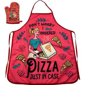 Don’t Worry I Ordered Pizza Just in Case Funny Cooking Humor Graphic Novelty Kitchen Accessories Funny Graphic Kitchenwear Cool Food Novelty Cookware Red Oven Mitt(Oven Mitt + Apron)