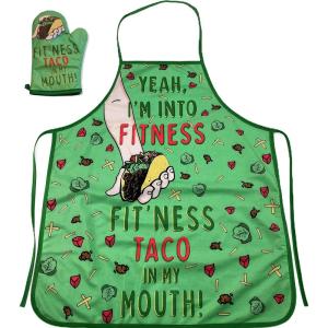 Fitness Taco Funny Kitchen Apron and Oven Mitts Humorous Gym Graphic Novelty Cooking Accessories Funny Graphic Kitchenwear Cinco De Mayo Cool Food Green Oven Mitt(Oven Mitt + Apron)