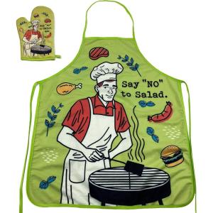 Funny BBQ Oven Mitt – Say No to Salad Design – Heat Resistant Novelty Grilling Glove – Meat Lover Oven Mitt for Backyard Barbecue Cooking and Kitchen Use(Oven Mitt + Apron)