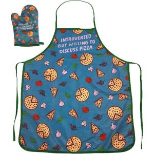Funny Pizza Oven Mitt – Introverted But Willing to Discuss Pizza Design – Durable Microfiber Cotton Blend for Heat Protection – Novelty Food Kitchen Glove for Food Lovers(Oven Mitt + Apron)