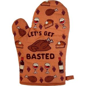 Funny Thanksgiving Oven Mitt – Lets Get Basted Turkey and Wine Design – Heat Resistant Microfiber Cooking Glove – Novelty Holiday Kitchen Mitt for Baking and Family Dinners(Oven Mitt)