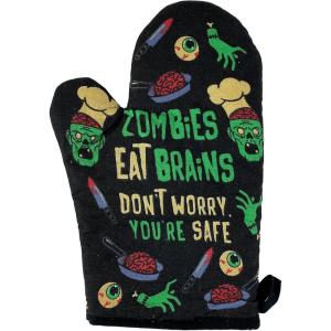 Zombies Eat Brains Don’t Worry You’re Safe Oven Mitt Funy Halloween Undead Sarcastic Kitchen Glove Funny Graphic Kitchenwear Halloween Cool Zombie Black Oven Mitt(Oven Mitt)