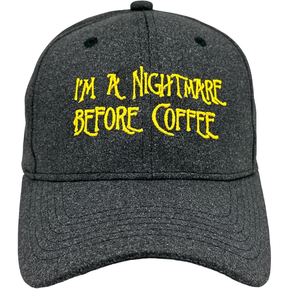 imageFunny Coffee Hat for Men Im a Nightmare Before Coffee Yellow Embroidered Design Soft Cotton Blend Adjustable Baseball Cap Sarcastic Morning Humor Gift for Drink Lovers and Halloween Fans
