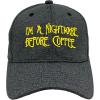 Funny Coffee Hat for Men – I’m a Nightmare Before Coffee Yellow Embroidered Design – Soft Cotton Blend Adjustable Baseball Cap – Sarcastic Morning Humor Gift for Drink Lovers and Halloween Fans