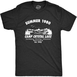 Crazy Dog Men’s T Shirt Camp Crystal Lake 1980 Spooky Halloween Graphic Novelty Tees(Heather Black)