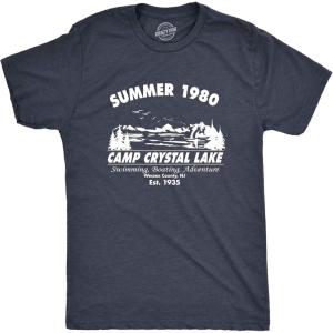 Crazy Dog Men’s T Shirt Camp Crystal Lake 1980 Spooky Halloween Graphic Novelty Tees(Heather Navy)