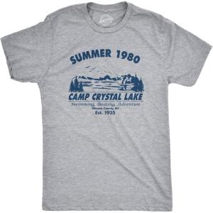 Crazy Dog Men’s T Shirt Camp Crystal Lake 1980 Spooky Halloween Graphic Novelty Tees(Light Heather Grey)