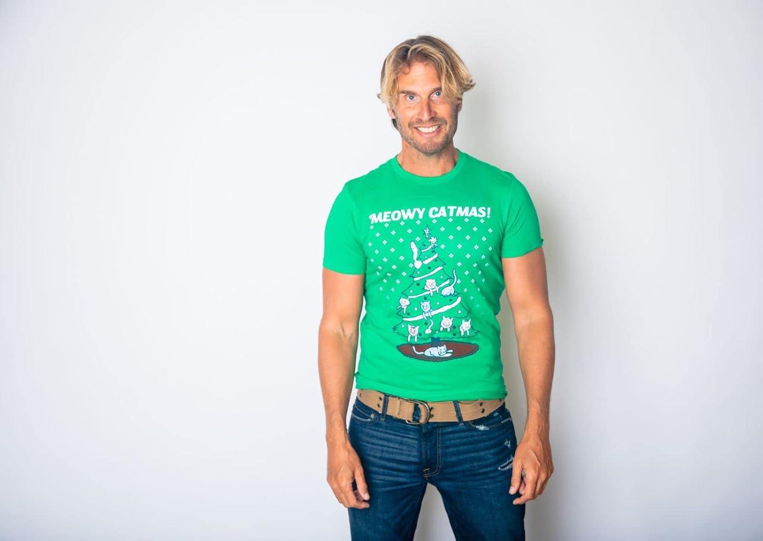 imageMens Meowy Christmas Funny Cat Dad Ugly Sweater T Shirt Adult Humor SarcasticGreen