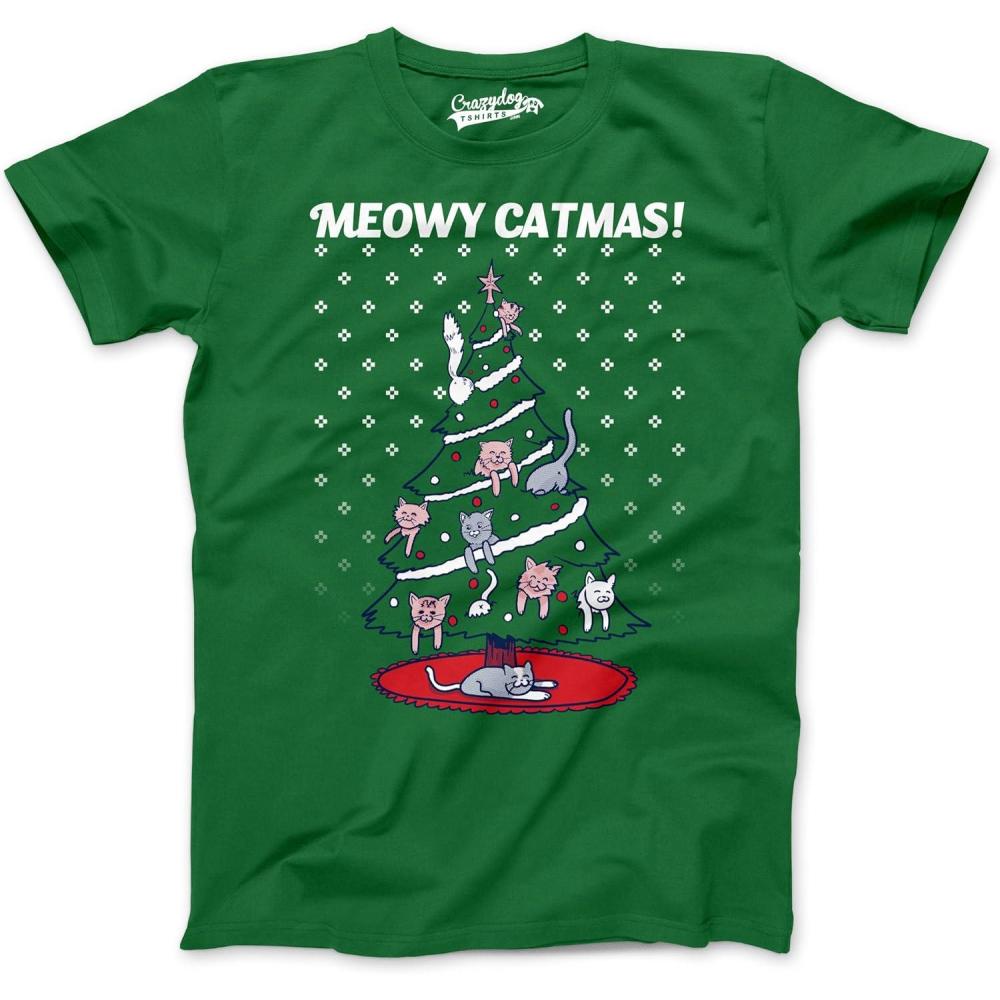 imageMens Meowy Christmas Funny Cat Dad Ugly Sweater T Shirt Adult Humor SarcasticGreen