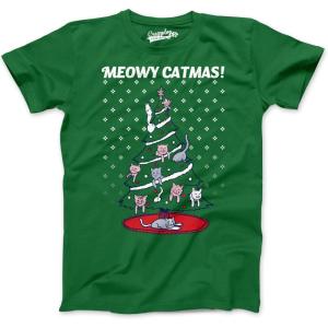 Mens Meowy Christmas Funny Cat Dad Ugly Sweater T Shirt Adult Humor Sarcastic(Green)