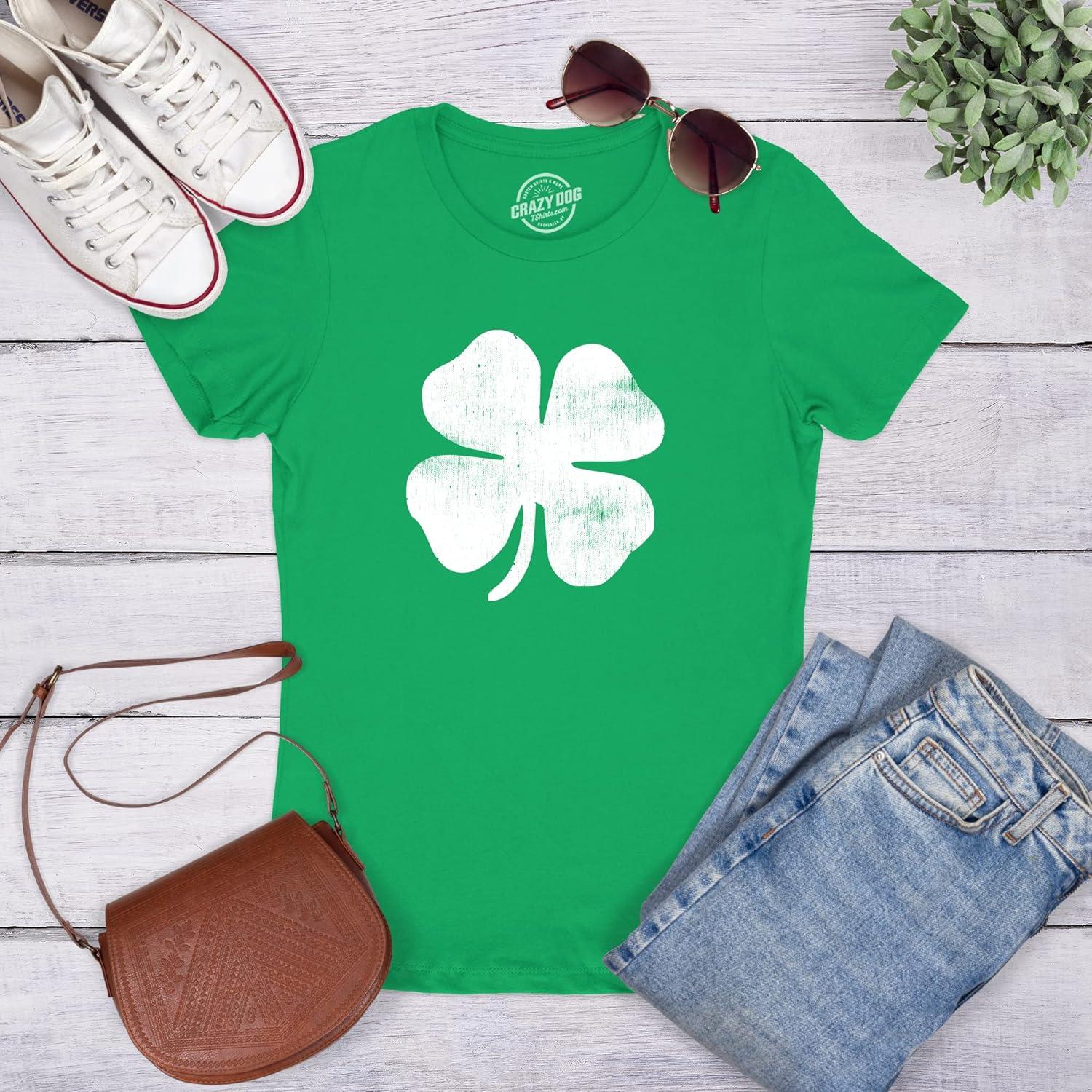 imageWomens Four Leaf Clover T Shirt Funny Saint Patricks Day Shamrock Lucky IrishGreen