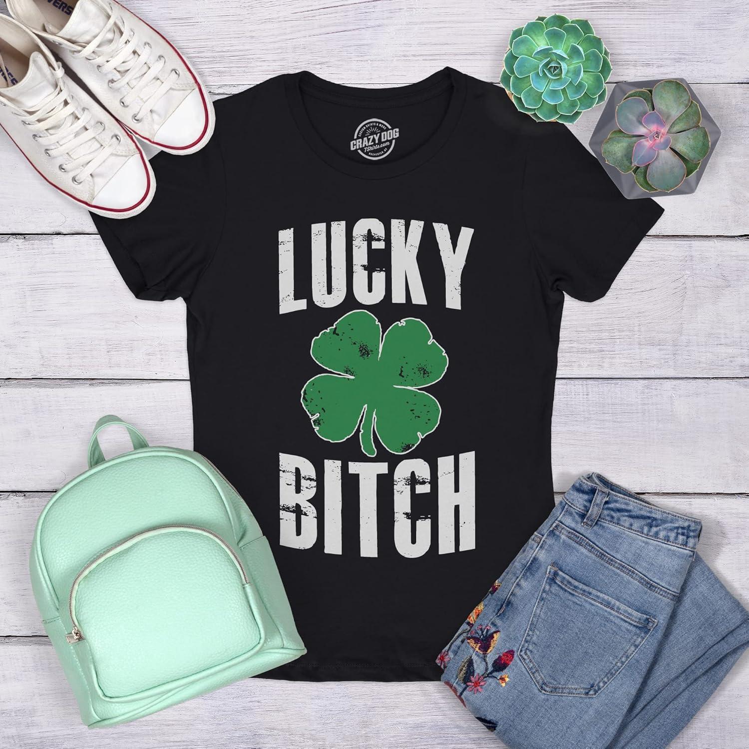 imageWomens Lucky Bitch T Shirt Cute Shamrock Saint Patricks Day Tee St Patty OutfitBlack
