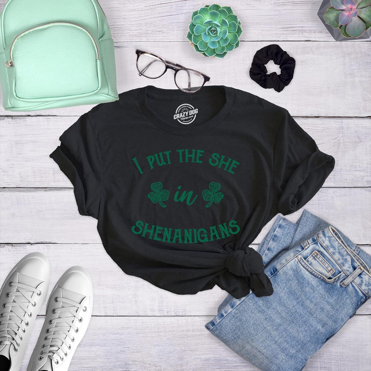 imageWomens Saint Patricks Day T Shirts Funny Shenanigans Clover Graphic Tees for WomenHeather Black Shenanigans
