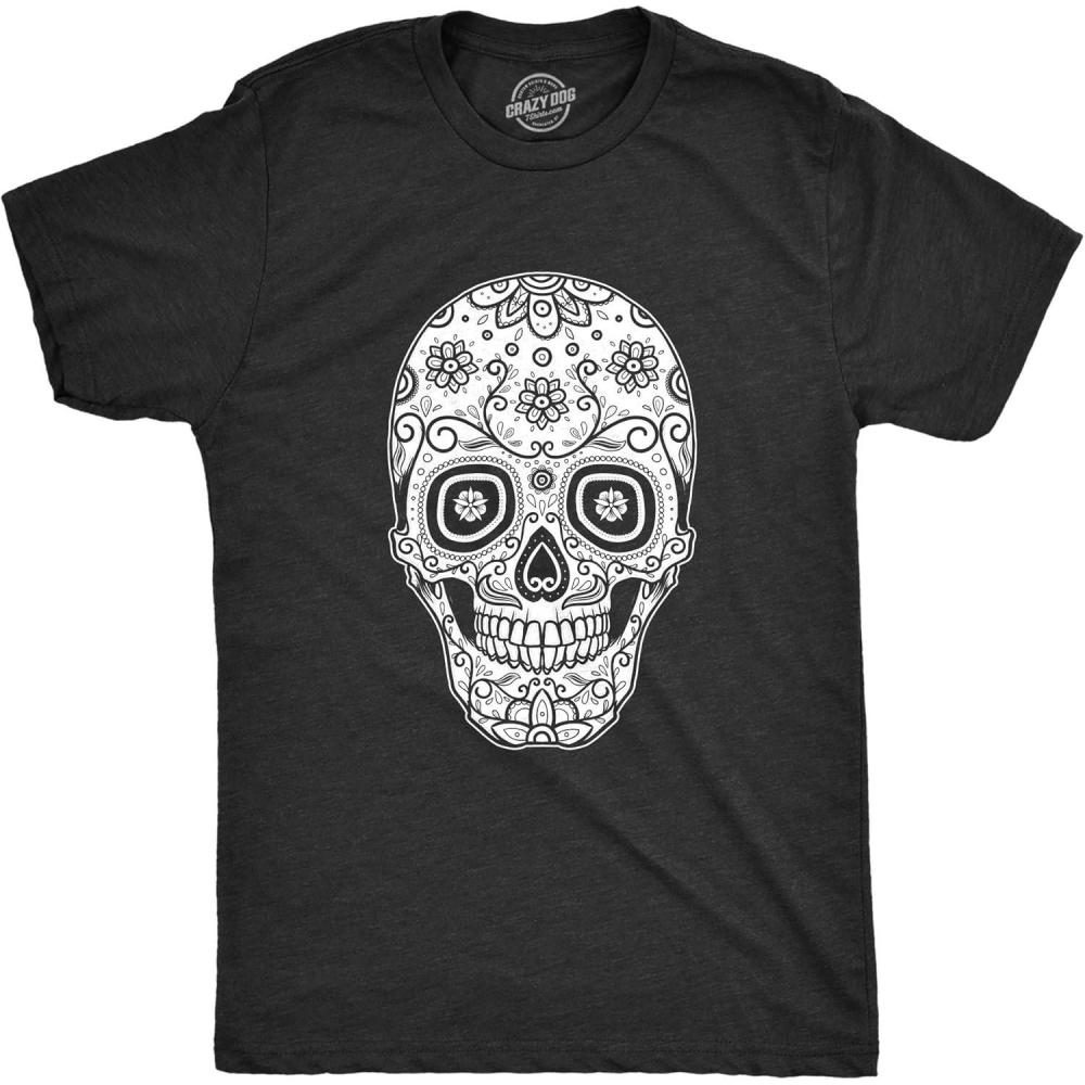 imageMens Sugar Skull Cool Mexican Crystal Day of The Dead Mask T ShirtHeather Black  Sugar Skull