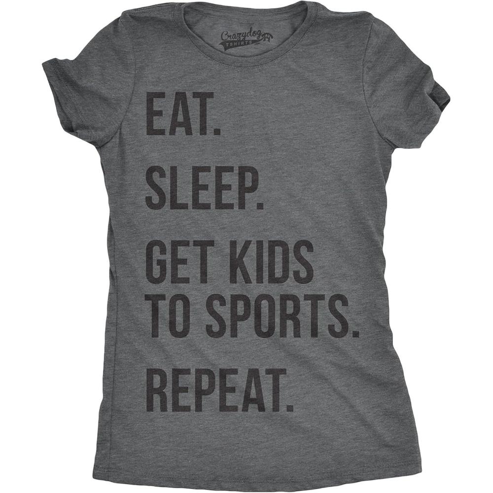 imageWomens Eat Sleep Get Kids to Sports Repeat T Shirt Funny Gift for Mom SarcasticDark Heather Grey