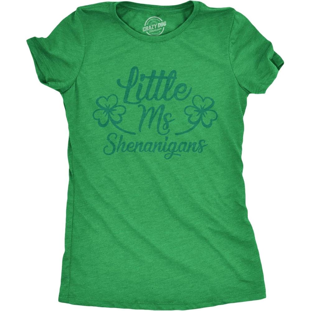 imageWomens Funny St Patricks Day Shirt Little Ms Shenanigans Graphic Tee Cute Irish Shamrock Outfit for Parade and PartyHeather Green