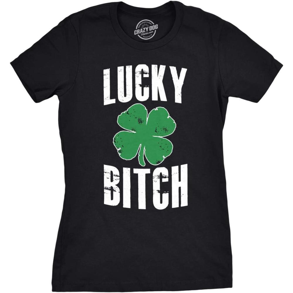 imageWomens Lucky Bitch T Shirt Cute Shamrock Saint Patricks Day Tee St Patty OutfitBlack