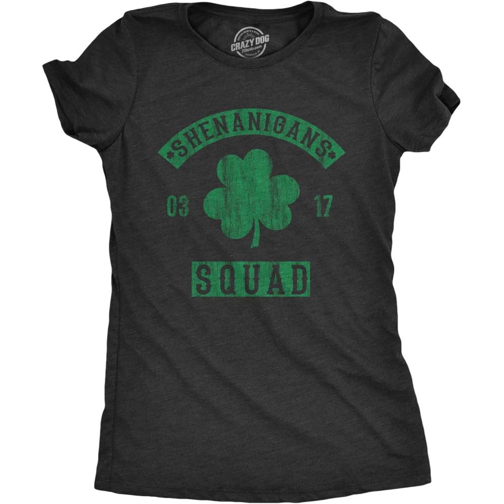 imageWomens Saint Patricks Day T Shirts Funny Shenanigans Clover Graphic Tees for WomenHeather Black Shenanigans Squad