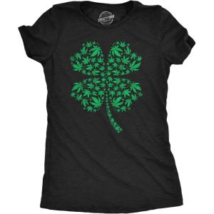Womens Clover Made of Pot Leaves T Shirt Funny St Pattys Day 420 Lovers Weed Joke Tee for Ladies(Heather Black – Clover Made of Pot Leaves)