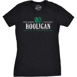 Womens Irish Clover Hooligan Funny St Pattys Patricks Day Cute Drinking T Shirt(Black)