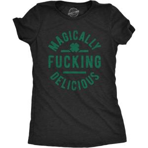 Womens Saint Patricks Day T Shirts Funny Shenanigans Clover Graphic Tees for Women(Heather Black – Magically F-in Delicious)
