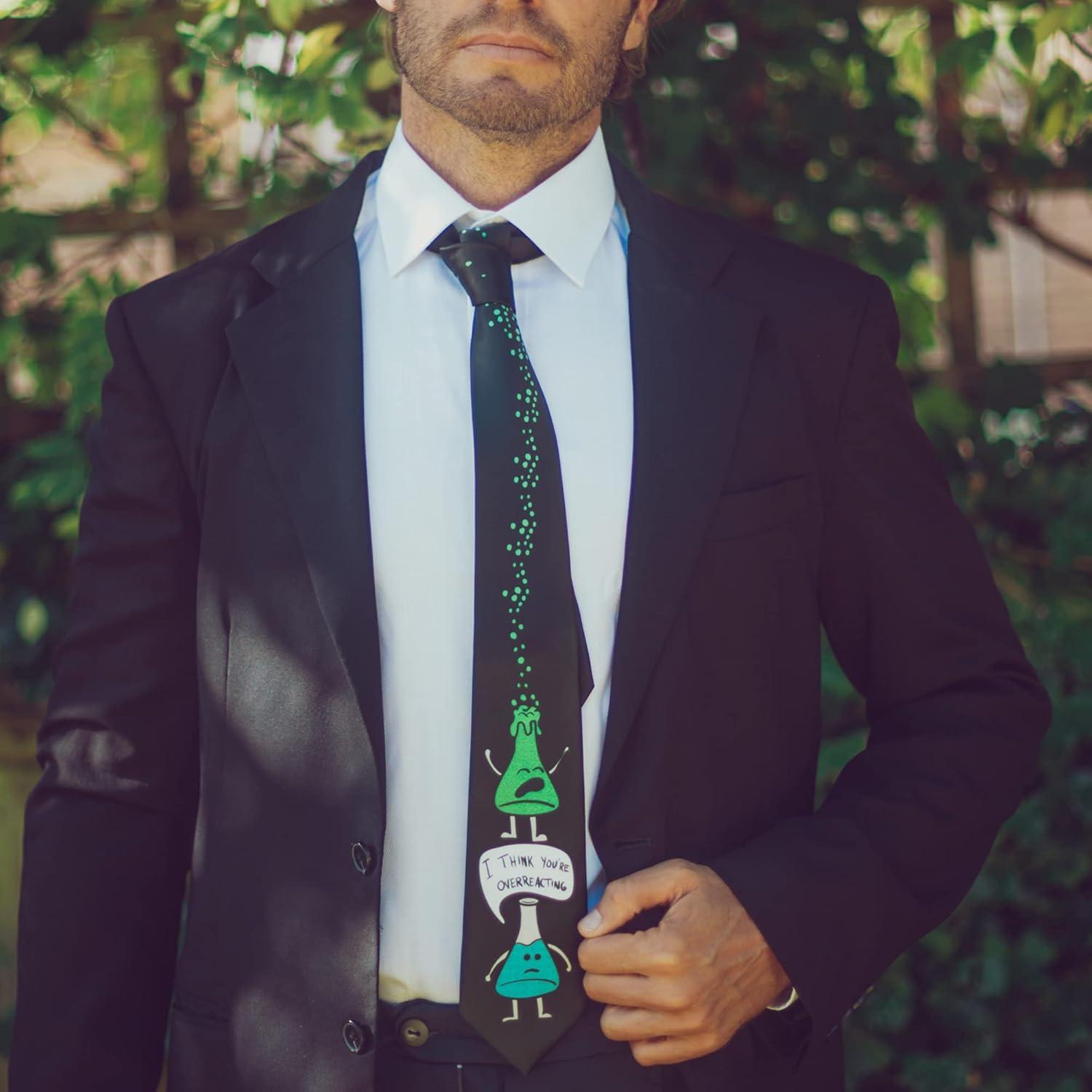 imageCrazy Dog TShirts Funny Science Tie for Men Chemistry Teacher Necktie Quirky Science Joke Gift with I Think Youre Overreacting Design Novelty Nerdy STEM Accessory for Scientists and Teachers