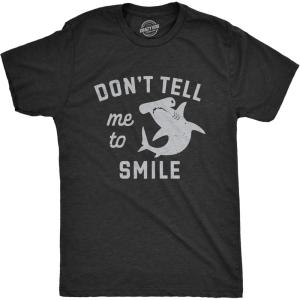 Mens Dont Tell Me to Smile T Shirt Funny Hammerhead Shark Frowning Joke Tee for Guys(Heather Black – Smile)