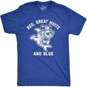 Mens Red Great White and Blue T Shirt Funny 4th of July Shark USA Patriotic Graphic Tee(Heather Royal)