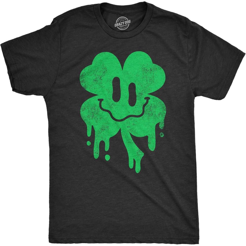 imageFunny Saint Patricks Day T Shirts for Men Party Shirts for St Pats Funny Drinking TeesHeather Black Dripping Clover Face