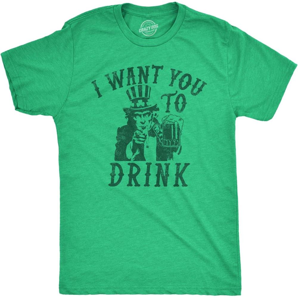 imageFunny Saint Patricks Day T Shirts for Men Party Shirts for St Pats Funny Drinking TeesHeather Green Want You to Drink