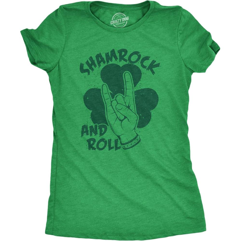imageWomens Funny T Shirt Shamrock and Roll St Patricks Day Graphic Tee for LadiesHeather Green Shamrock