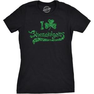 Womens I Clover Shenanigans Glitter T Shirt Novelty Saint Patricks Day Shirt(Black)