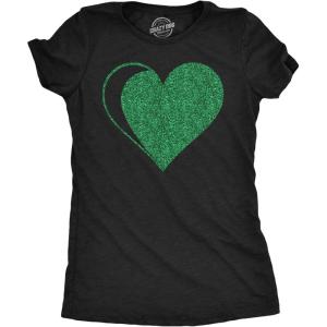 Womens St Patricks Day Shirt – Green Glitter Heart Tee, Festive Irish Outfit, Soft Cotton Black Shamrock T Shirt for Women(Heather Black – Green Glitter Heart)