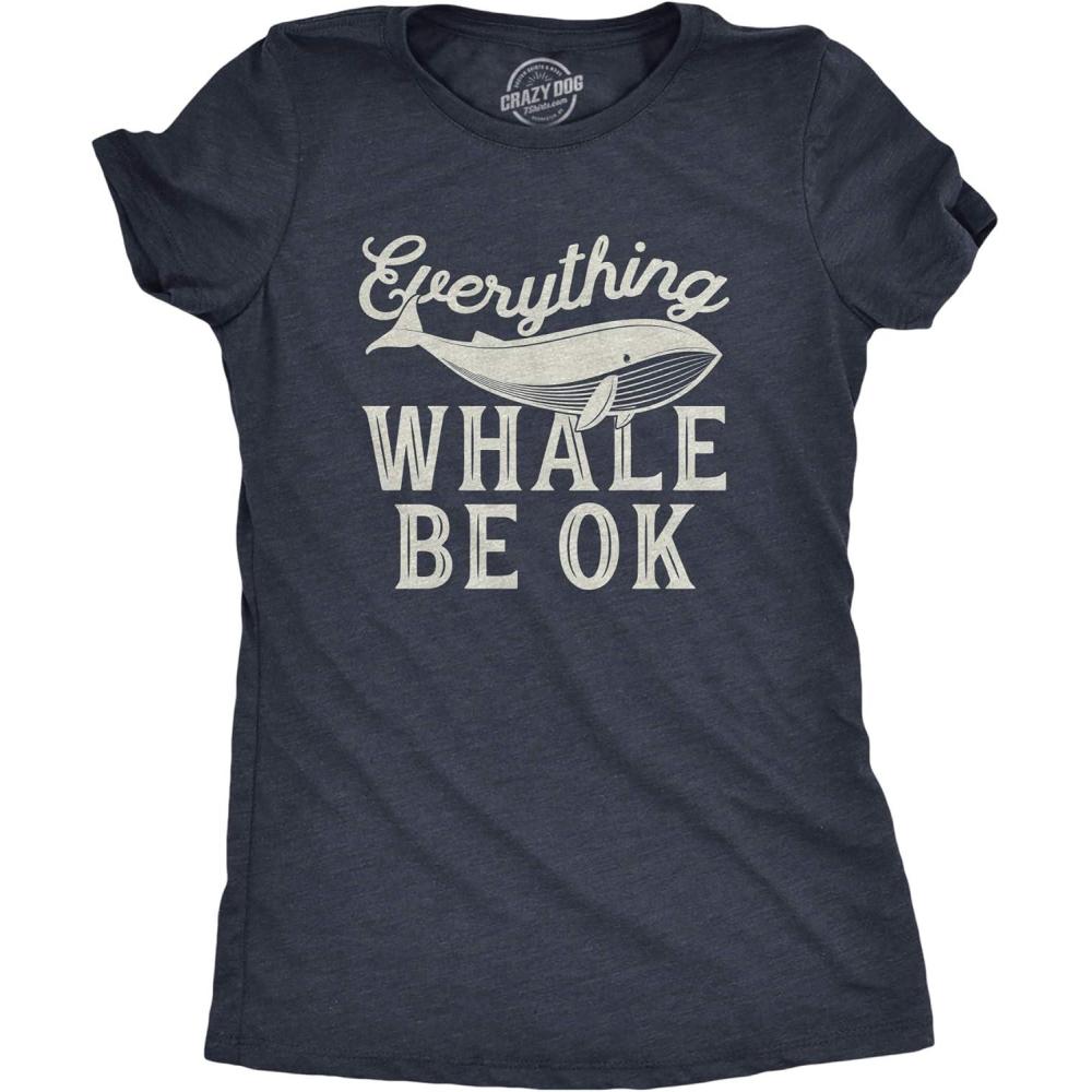 imageWomens Funny Beach Shirts Relaxing Ocean Tees for Women Cute Graphic Tees for SummerHeather Navy Whale Be Ok