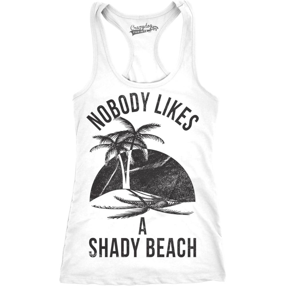 imageWomens Shady Beach Funny Tees Sleeveless Tops Gym Workout Lifting Novelty Fitness TankWhite