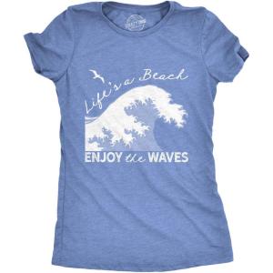 Womens Funny Beach Shirts Relaxing Ocean Tees for Women Cute Graphic Tees for Summer(Heather Light Blue – Enjoy Waves)