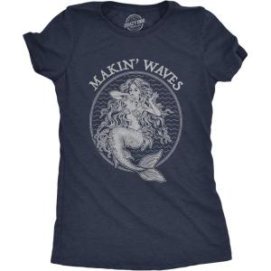 Womens Funny Beach Shirts Relaxing Ocean Tees for Women Cute Graphic Tees for Summer(Heather Navy – Makin Waves)